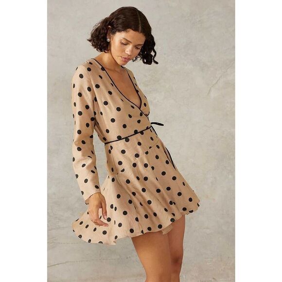MON RENN Dresses & Skirts - MON RENN Fallon Polka Dot Lucinda Mini Wrap Dress IN MOCHA size S NWT$199